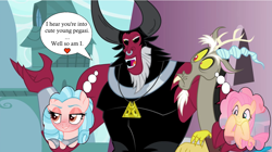 Size: 1275x713 | Tagged: safe, artist:badumsquish-edits, edit, edited edit, edited screencap, screencap, cozy glow, discord, fluttershy, lord tirek, pegasus, pony, discordant harmony, g4, twilight's kingdom, what lies beneath, age difference, cropped, female, implied cozirek, implied discoshy, implied foalcon, implied shipping, implied straight, interspecies, male, medallion, older, older cozy glow, speech bubble, thought bubble