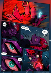 Size: 2480x3508 | Tagged: safe, artist:dsana, fizzlepop berrytwist, tempest shadow, pony, unicorn, comic:a storm's lullaby, g4, broken horn, comic, female, high res, horn, mare, oh crap, red eyes, scar, snow, snowfall