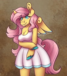 Size: 1500x1700 | Tagged: safe, artist:nyxraven13, fluttershy, pegasus, anthro, unguligrade anthro, g4, arm hooves, breasts, busty fluttershy, cleavage, clothes, colored hooves, colored wings, colored wingtips, dress, solo, unshorn fetlocks