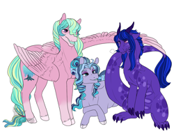 Size: 1024x768 | Tagged: safe, artist:arexstar, oc, oc only, oc:astral lullaby, oc:dawn willow, oc:shimmering belle, dracony, dragon, earth pony, hybrid, pegasus, pony, female, magical lesbian spawn, male, mare, offspring, parent:coloratura, parent:princess celestia, parent:princess ember, parent:starlight glimmer, parent:tree hugger, parent:twilight sparkle, parents:emberlight, simple background, stallion, white background