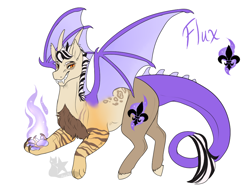 Size: 1024x768 | Tagged: safe, artist:arexstar, oc, oc only, oc:flux, draconequus, hybrid, female, fire, interspecies offspring, offspring, parent:discord, parent:fluttershy, parents:discoshy, simple background, solo, white background