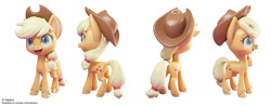 Size: 1600x626 | Tagged: safe, artist:andrew hickinbottom, artist:andyh_3d, part of a set, applejack, earth pony, pony, g4.5, my little pony: pony life, official, 3d, 3ds max, applejack's hat, butt, cowboy hat, hat, multiple angles, open mouth, plot, simple background, turnaround, white background