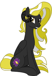 Size: 2216x3213 | Tagged: safe, artist:lightning stripe, derpibooru exclusive, oc, oc only, oc:liliosa, original species, pony, derpibooru community collaboration, g4, black coat, brown coat, brown eyes, commission, curved horns, cutie mark, female, grin, high res, mare, rilacorn, show accurate, simple background, sitting, smiling, transparent background, two toned mane, vector, wings, yellow mane