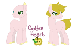 Size: 658x419 | Tagged: safe, artist:box-of-ideas, artist:tobi052, oc, oc only, oc:golden heart, earth pony, pony, apple, base used, cutie mark, food, male, offspring, parent:big macintosh, parent:fluttershy, parents:fluttermac, simple background, solo, stallion, white background