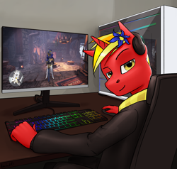Size: 2000x1904 | Tagged: safe, artist:apocheck13, oc, oc only, anthro, chair, clothes, commission, computer, computer mouse, computer screen, flower, flower in hair, gaming, headphones, horn, jacket, keyboard, looking at you, looking back, looking back at you, monitor, rgb, sitting, solo, video game