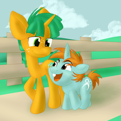 Size: 2000x2000 | Tagged: safe, artist:sixes&sevens, snails, snips, pony, unicorn, g4, cloud, colt, dirt road, duo, fence, foal, freckles, high res, male, open mouth, outdoors, smiling, walking