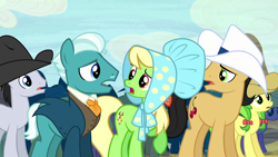 Size: 1920x1080 | Tagged: safe, screencap, apple fritter, apple munchies, cherry cola, cherry fizzy, lucky clover, poirot braneigh, earth pony, pony, appleoosa's most wanted, g4, apple family member, female, hat, male, mare, stallion