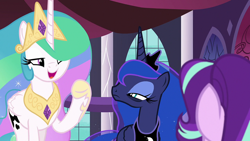 Size: 1920x1080 | Tagged: safe, screencap, princess celestia, princess luna, starlight glimmer, alicorn, pony, unicorn, a royal problem, g4, bags under eyes, crown, female, jewelry, luna is not amused, mare, regalia, swapped cutie marks, unamused