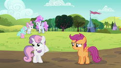 Size: 1920x1080 | Tagged: safe, screencap, cotton puff, cotton sky, scootaloo, sugar stix, sweetie belle, pegasus, pony, unicorn, brotherhooves social, g4, female, filly, mare