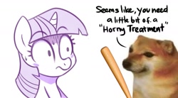 Size: 1265x700 | Tagged: safe, artist:handgunboi, twilight sparkle, pony, unicorn, g4, abuse, baseball bat, cheems, meme, twilybuse, unicorn twilight