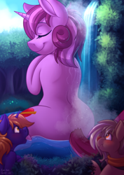 Size: 2480x3508 | Tagged: safe, artist:sugaryviolet, part of a set, oc, oc only, oc:habile, oc:star bright, oc:sugary violet, deer, pony, reindeer, unicorn, bathing, cutie mark, eyes closed, forest, giant pony, high res, macro, open mouth, part of a series, size difference, smiling, tree, waterfall, wet