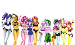Size: 5000x3010 | Tagged: safe, alternate version, artist:mauroz, apple bloom, applejack, fluttershy, pinkie pie, rainbow dash, rarity, sci-twi, scootaloo, spike, sunset shimmer, sweetie belle, twilight sparkle, equestria girls, g4, absurd file size, anime, belly button, bikini, breasts, busty applejack, busty fluttershy, busty pinkie pie, busty rarity, busty sunset shimmer, busty twilight sparkle, cleavage, clothes, cutie mark crusaders, dress, female, group, human spike, humane five, humane seven, humane six, male, midriff, one-piece swimsuit, open-back swimsuit, ship:spikebelle, shipping, simple background, straight, striped swimsuit, suit, swimsuit, transparent background