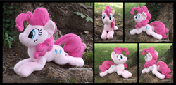 Size: 3607x1754 | Tagged: safe, artist:peruserofpieces, pinkie pie, earth pony, pony, g4, beanie (plushie), female, irl, lying down, mare, photo, plushie, prone, smiling, smiling at you, solo, tree