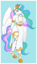 Size: 2100x3600 | Tagged: safe, artist:lumino010, princess celestia, alicorn, anthro, unguligrade anthro, g4, absolute cleavage, boob window, breasts, busty princess celestia, cleavage, clothes, crown, dress, female, gloves, high res, horn, jewelry, long gloves, mare, regalia, sexy, side slit, solo, tiara, total sideslit, wings