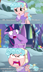 Size: 2000x3375 | Tagged: safe, edit, edited screencap, screencap, cozy glow, twilight sparkle, alicorn, pegasus, pony, frenemies (episode), g4, molt down, angry, caption, clothes, comic, cropped, crying, faic, fake crying, female, filly, foal, gasp, groot, guardians of the galaxy, hat, high res, image macro, mare, marvel, mawshot, open mouth, reference, rocket raccoon, screencap comic, shocked, shrunken pupils, teary eyes, text, twilight sparkle (alicorn), uvula, wide eyes, winter outfit, yelling