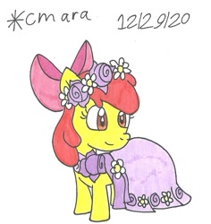 Size: 766x811 | Tagged: safe, artist:cmara, apple bloom, earth pony, pony, g4, apple bloom's bow, bow, clothes, dress, female, filly, floral head wreath, flower, flower filly, flower girl, flower girl dress, hair bow, simple background, solo, traditional art, white background