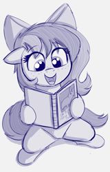 Size: 1408x2204 | Tagged: safe, artist:heretichesh, oc, oc only, oc:fizzie, earth pony, pony, rabbit, animal, book, bow, cute, female, freckles, happy, mare, monochrome, reading, sitting, solo, text