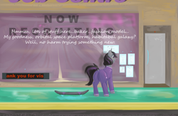 Size: 1799x1175 | Tagged: safe, artist:lupin quill, oc, oc only, oc:magna-save, pony, unicorn, series:career change (weight gain), advertisement, butt, clothes, curtains, dialogue, dock, hologram, horn, hoverboard, jumpsuit, misspelling, neon, neon sign, plot, science fiction, shop window, sidewalk, solo, storefront, this will end in weight gain, unicorn oc, weight gain sequence, window