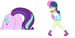 Size: 848x428 | Tagged: safe, artist:gmaplay, bon bon, starlight glimmer, sweetie drops, pony, unicorn, derpibooru, equestria girls, g4, my little pony equestria girls: legend of everfree, butt, camp everfree outfits, glimmer glutes, juxtaposition, meme, meta, pictures of butts, plot, puppy dog eyes, simple background, vector, white background
