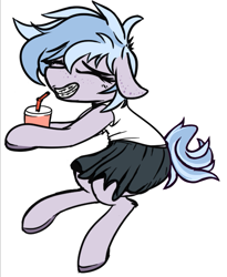 Size: 527x644 | Tagged: safe, artist:pinkberry, artist:xrei, oc, oc only, oc:winter azure, semi-anthro, arm hooves, braces, clothes, collaboration, colored, colt, crossdressing, cup, cute, drink, ears back, eyelashes, eyes closed, freckles, girly, male, ocbetes, shirt, simple background, skirt, smiling, solo, trap, white background
