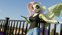 Size: 3840x2160 | Tagged: safe, artist:shadowboltsfm, fluttershy, pegasus, anthro, plantigrade anthro, g4, 3d, 4k, black nail polish, blender, breasts, bubblegum, busty fluttershy, cellphone, choker, clothes, eyeshadow, female, fluttergoth, food, goth, gum, high res, jeans, lipstick, looking at you, makeup, nail polish, not sfm, pants, phone, solo, spiked choker, tank top