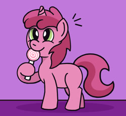 Size: 721x661 | Tagged: safe, artist:gogglesparks, ruby pinch, pony, unicorn, g4, candy, candy shop, cracking, crunch, cute, female, filly, food, herbivore, lollipop, pinchybetes, purple background, shadow, shop, simple background, sweet