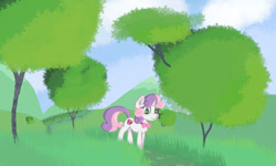 Size: 1920x1152 | Tagged: safe, artist:coffeeponee, sweetie belle, pony, g4, bowtie, cloud, female, field, grass, hill, mare, mountain, scenery, solo, tree