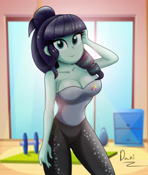 Size: 2700x3200 | Tagged: safe, artist:danielitamlp, coloratura, human, equestria girls, g4, big breasts, breasts, busty coloratura, cleavage, clothes, female, high res, indoors, leggings, looking at you, pants, rara, signature, smiling, solo, strapless, stupid sexy coloratura