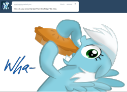 Size: 1280x930 | Tagged: safe, artist:ask-fleetfoot, fleetfoot, soarin', pegasus, pony, g4, alternate hairstyle, ask-fleetfoot, blue coat, blue mane, blue tail, eyes closed, female, food, green eyes, looking at you, mare, pie, show accurate, simple background, solo, tail, transparent background, two toned mane, white mane, white tail, wings