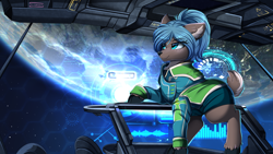 Size: 2920x1642 | Tagged: safe, artist:pridark, oc, oc only, deer, blue eyes, clothes, commission, deer oc, indoors, navigation, planet, solo, space, space ship, stars