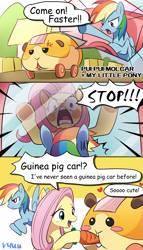 Size: 1755x3072 | Tagged: safe, artist:ryuu, fluttershy, rainbow dash, guinea pig, pegasus, pony, blush sticker, blushing, car, carrot, comic, cross-popping veins, crossover, cute, dialogue, driving, eating, female, floating heart, food, heart, mare, open mouth, potato (pui pui molcar), pui pui molcar, rainbow dash is not amused, that pony sure does love animals, unamused
