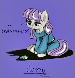 Size: 660x686 | Tagged: safe, artist:@cameron, maud pie, earth pony, pony, g4, maud pie (episode), cute, looking down, maud being maud, purple background, rock, scene interpretation, simple background, sitting, solo, talking