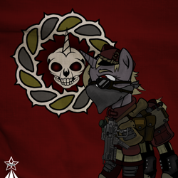 Size: 1000x1000 | Tagged: safe, artist:devorierdeos, oc, oc only, oc:molten iron, pony, unicorn, fallout equestria, armor, bandana, clothes, coat of arms, emblem, female, flask, glasses, gun, hat, horn, knife, red eye's army, red eyes, skull, solo, submachinegun, uniform, weapon, weilding glasses