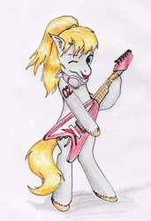 Size: 2256x3290 | Tagged: safe, artist:40kponyguy, derpibooru exclusive, oc, oc only, oc:len, earth pony, pony, bipedal, ear fluff, guitar, headphones, high res, hoof hold, looking at you, male, musical instrument, one eye closed, requested art, simple background, solo, stallion, traditional art, unshorn fetlocks