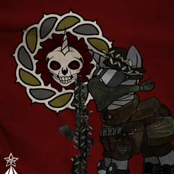 Size: 1000x1000 | Tagged: safe, artist:devorierdeos, oc, oc only, oc:far sight, pony, unicorn, fallout equestria, ammunition, armor, assault rifle, bandana, camouflage, clothes, coat of arms, emblem, glasses, gun, hat, horn, magpul, male, red eye's army, rifle, skull, solo, uniform, weapon