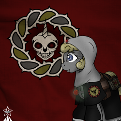 Size: 1000x1000 | Tagged: safe, artist:devorierdeos, oc, oc only, oc:mercy faith, pony, unicorn, fallout equestria, amulet, blue eyes, book, clothes, coat of arms, emblem, female, hood, horn, jewelry, red eye's army, skull, solo, spellbook