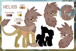 Size: 1200x798 | Tagged: safe, artist:jennieoo, oc, oc only, oc:helios flinch, griffon, angry, butt, one eye closed, plot, reference sheet, scar, scared, show accurate, solo, vector, wink