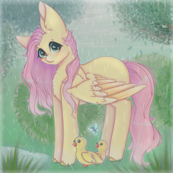 Size: 1300x1300 | Tagged: safe, artist:saltyvity, fluttershy, bird, butterfly, duck, pegasus, pony, g4, cute, forest, rain, shyabetes, solo