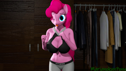 Size: 1920x1080 | Tagged: safe, artist:marianokun, pinkie pie, earth pony, anthro, g4, 3d, arms, belly button, breasts, busty pinkie pie, clothes, gym shorts, looking at you, midriff, one eye closed, source filmmaker, tongue out, wardrobe, wink, winking at you