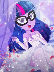 Size: 1800x2400 | Tagged: safe, artist:artmlpk, sci-twi, twilight sparkle, equestria girls, g4, adorable face, adorasexy, adorkable, alternate hairstyle, beautiful, bed, breasts, bride, clothes, curtains, cute, digital art, dork, dress, female, gloves, hand on chest, jewelry, lidded eyes, long socks, looking at you, open mouth, ring, rose petals, sci-twiabetes, sexy, smiling, socks, solo, stockings, thigh highs, twiabetes, watermark, wedding dress, wedding ring, wedding veil