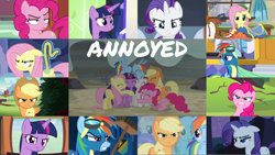 Size: 1974x1111 | Tagged: safe, edit, edited screencap, editor:quoterific, screencap, applejack, candy mane, fluttershy, lyra heartstrings, pinkie pie, rainbow dash, rarity, twilight sparkle, alicorn, pony, boast busters, fame and misfortune, flutter brutter, for whom the sweetie belle toils, g4, newbie dash, parental glideance, pinkie pride, ppov, sisterhooves social, the cutie map, the mane attraction, the times they are a changeling, what about discord?, annoyed, applejack is not amused, background pony, bedroom eyes, broom, female, fluttershy is not amused, gritted teeth, looking at you, mane six, mare, measuring tape, pinkie pie is not amused, rainbow dash is not amused, rarity is not amused, twilight sparkle (alicorn), twilight sparkle is not amused, unamused