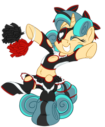 Size: 1782x2160 | Tagged: safe, artist:pirill, oc, oc only, oc:fidget, pony, unicorn, bow, cheerleader, cheerleader outfit, clothes, compression shorts, eyebrows, eyepatch, eyes closed, grin, heart, horn, multicolored mane, pom pom, simple background, skirt, smiling, solo, tail stand, transparent background, underhoof