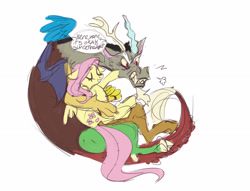 Size: 2606x1992 | Tagged: safe, artist:lunnita_pony, discord, fluttershy, draconequus, pegasus, pony, g4, angry, cute, dialogue, eyes closed, fangs, female, floppy ears, male, mare, overprotective, ship:discoshy, shipping, simple background, speech bubble, straight, white background, yandere, yanderecord