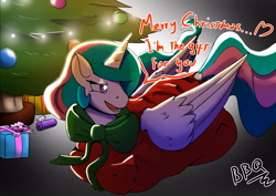 Size: 3457x2442 | Tagged: safe, artist:wirlog, princess celestia, alicorn, pony, g4, bow, christmas, christmas tree, dialogue, female, gift wrapped, high res, holiday, mare, open mouth, present, ribbon, solo, tree, wrapped