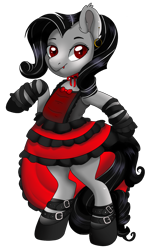 Size: 1153x1884 | Tagged: safe, artist:beashay, oc, oc only, oc:valentora, bat pony, earth pony, pony, vampire, vampony, wingless bat pony, bipedal, bow, bowtie, buckle, choker, clothes, colored teeth, commission, curly mane, dress, ear piercing, earring, fangs, female, jewelry, looking at you, mare, piercing, red eyes, shoes, simple background, solo, standing, straps, striped mane, stripes, transparent background, wingless