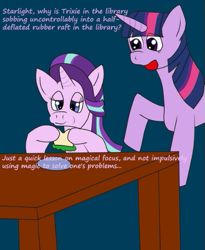 Size: 427x522 | Tagged: safe, artist:tbolt, starlight glimmer, twilight sparkle, alicorn, pony, unicorn, g4, blue background, duo, eating, food, herbivore, implied trixie, sandwich, simple background, table