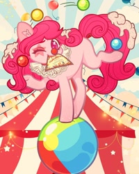 Size: 1080x1350 | Tagged: safe, artist:tea_fairyuwu, oc, oc only, earth pony, pony, balancing, circus, clown, clown nose, earth pony oc, juggling, mouth hold, not pinkie pie, one eye closed, outdoors, red nose, solo, sunburst background, underhoof, wink