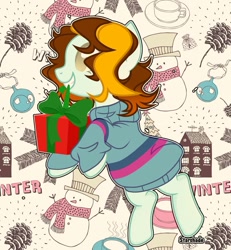 Size: 1080x1169 | Tagged: safe, artist:tea_fairyuwu, oc, oc only, earth pony, pony, clothes, earth pony oc, grin, hat, pinecone, present, rearing, scarf, smiling, snowman, solo, sweater