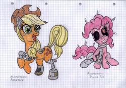 Size: 1024x712 | Tagged: safe, artist:emalajiss36, applejack, pinkie pie, earth pony, pony, robot, robot pony, g4, animatronic, animatronic pony, black sclera, crossover, duo, eyelashes, female, five nights at freddy's, freckles, graph paper, hat, mare, rearing, smiling, traditional art
