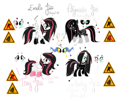 Size: 981x814 | Tagged: safe, artist:emalajiss36, oc, oc only, oc:emala jiss, pegasus, pony, angry, black sclera, choker, clothes, coat markings, eye scar, eyelashes, female, goth, grin, heterochromia, latex, latex suit, mare, pegasus oc, punk, raised hoof, reference sheet, scar, sign, simple background, smiling, socks (coat markings), sombra eyes, spiked choker, transparent background, wings